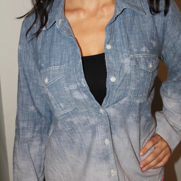 Denim Ombre Bleach Dipped Button Up Shirt SzL - Picture 8 of 8